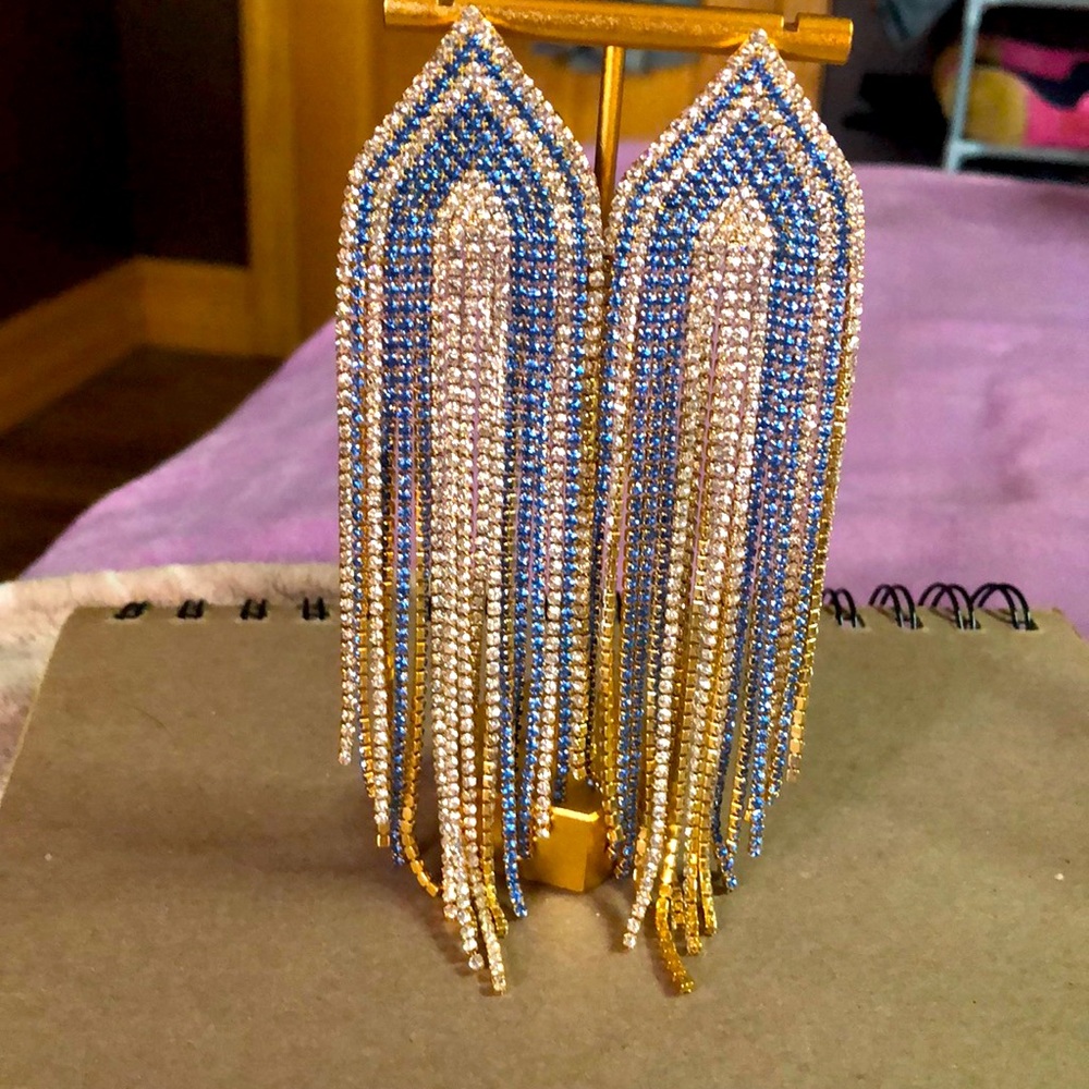 Blue and silver rhinestone art deco earrings